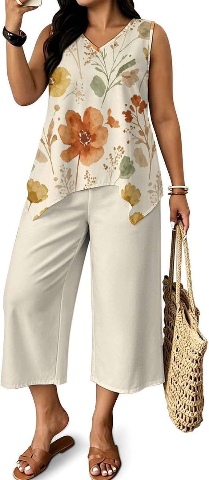 FANSU Sleeveless Top and Pants Set 2 Piece Flower | Summer Outfits for Women Casual Tracksuit V-Neck Tank Top Cropped Palazzo Trousers with Pockets for Outdoors or at Home