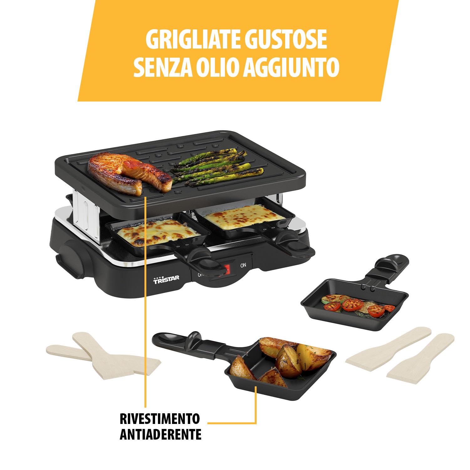 PRINCESS RACLETTE 4 TEGAMINI PIASTRA GRILL POTENZA 500 W