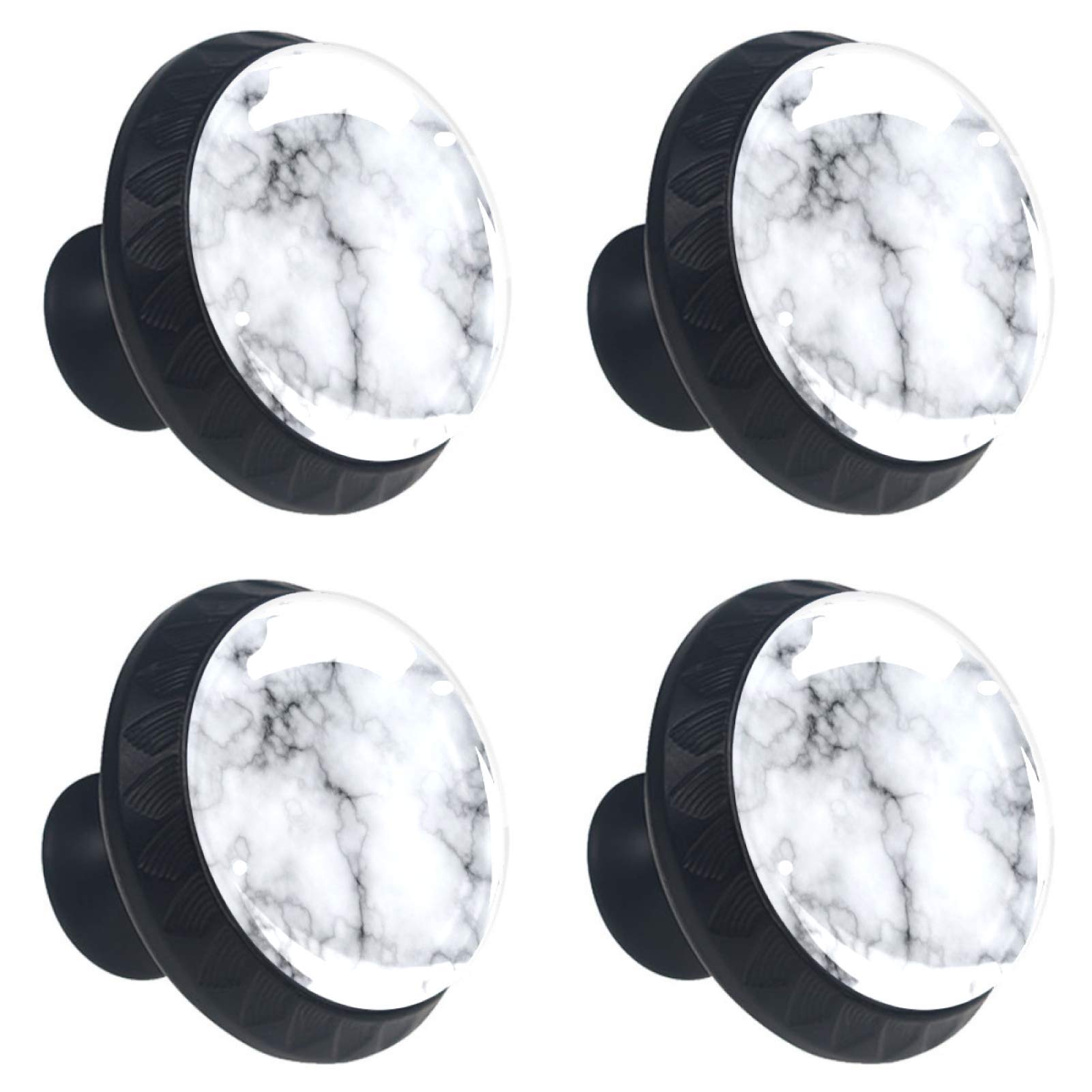 4 Pieces Set Cabinets Hardware Round Furniture Knobs White Marble Pattern PrintDrawer Dresser Cupboard Wardrobe Pulls Handles for Home Kitchen