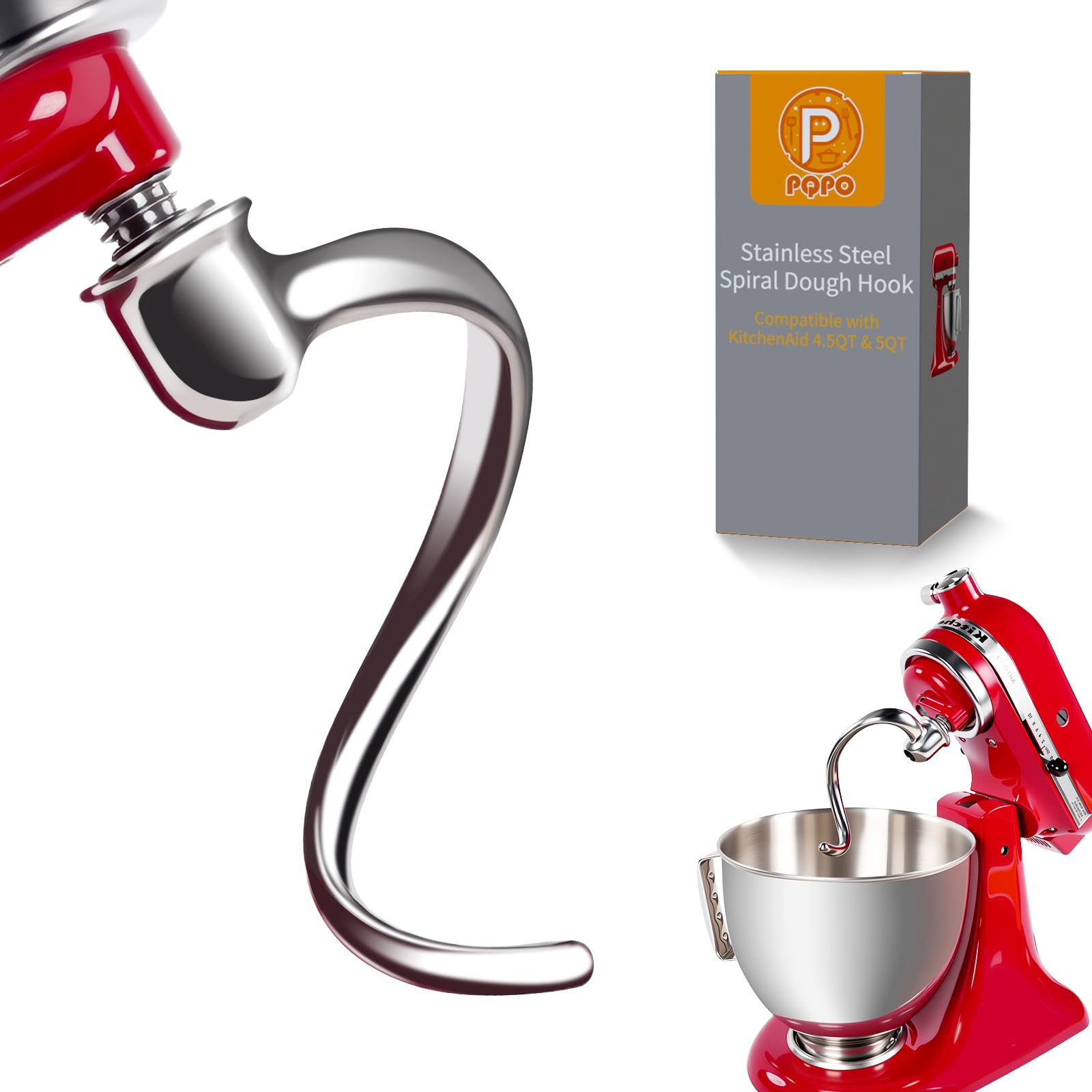 Spiralny hak do mieszania ze stali nierdzewnej, kompatybilny z blenderami Kitchen Aid o pojemności 4,5-5 litrów z odchylanym pokrywem, efektywne mieszanie, odporny na mycie w zmywarce