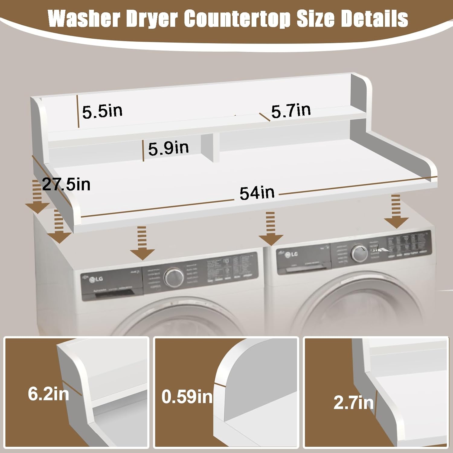 2-Tier Washer and Dryer Countertop, Wooden Washer Dryer Countertop, 27.5" Depth X 54" Laundry Countertop Over Washer and Dryer for Folding Clothes Over Washer and Dryer (White)