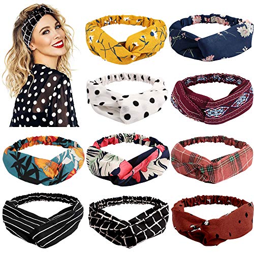 BAHABY 10 Pack Top Knot Headbands for Women Boho Headbands Vintage Flower Printed Criss Cross Elastic Hair Bands Head Wrap