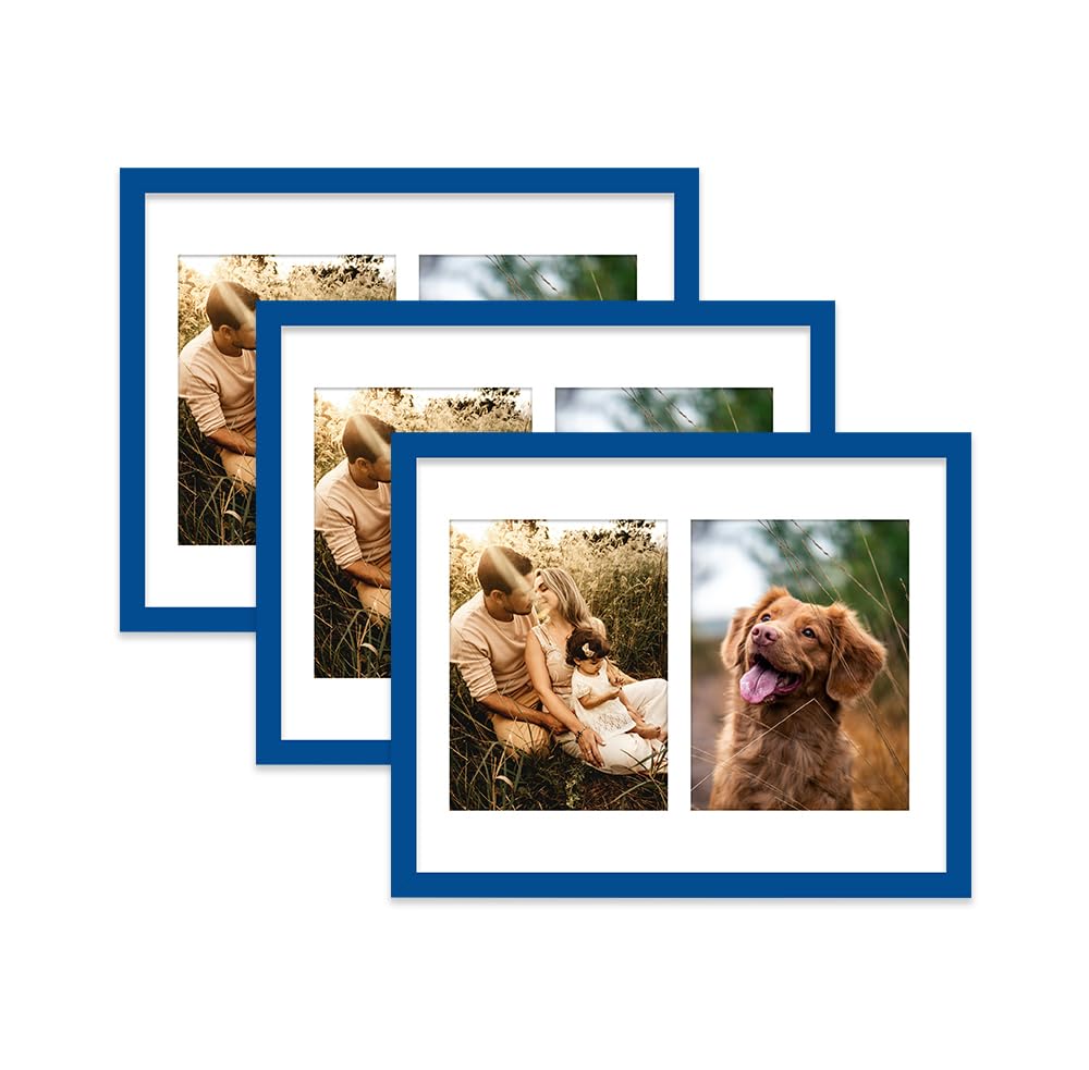 Blue Multi Photo Frame - Holds 2 x 8x6 Pictures, Family Collage Picture Frame for Wall Display, 14x11 Frame size, Set of 3