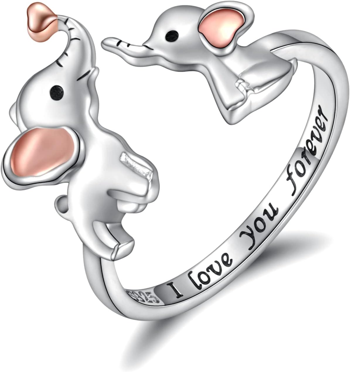 Silver Mom Daughter Elephant Ring Adjustable Love Heart Animal Rings Jewelry Mother's Day Gifts for Women Wife Nana