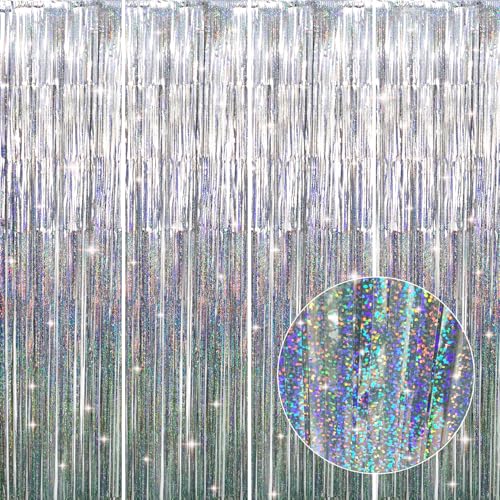 Image of GOER 4 Packs Shiny Silver Metallic Tinsel Foil Fringe Curtains for Party Photo Backdrop Wedding Decoration