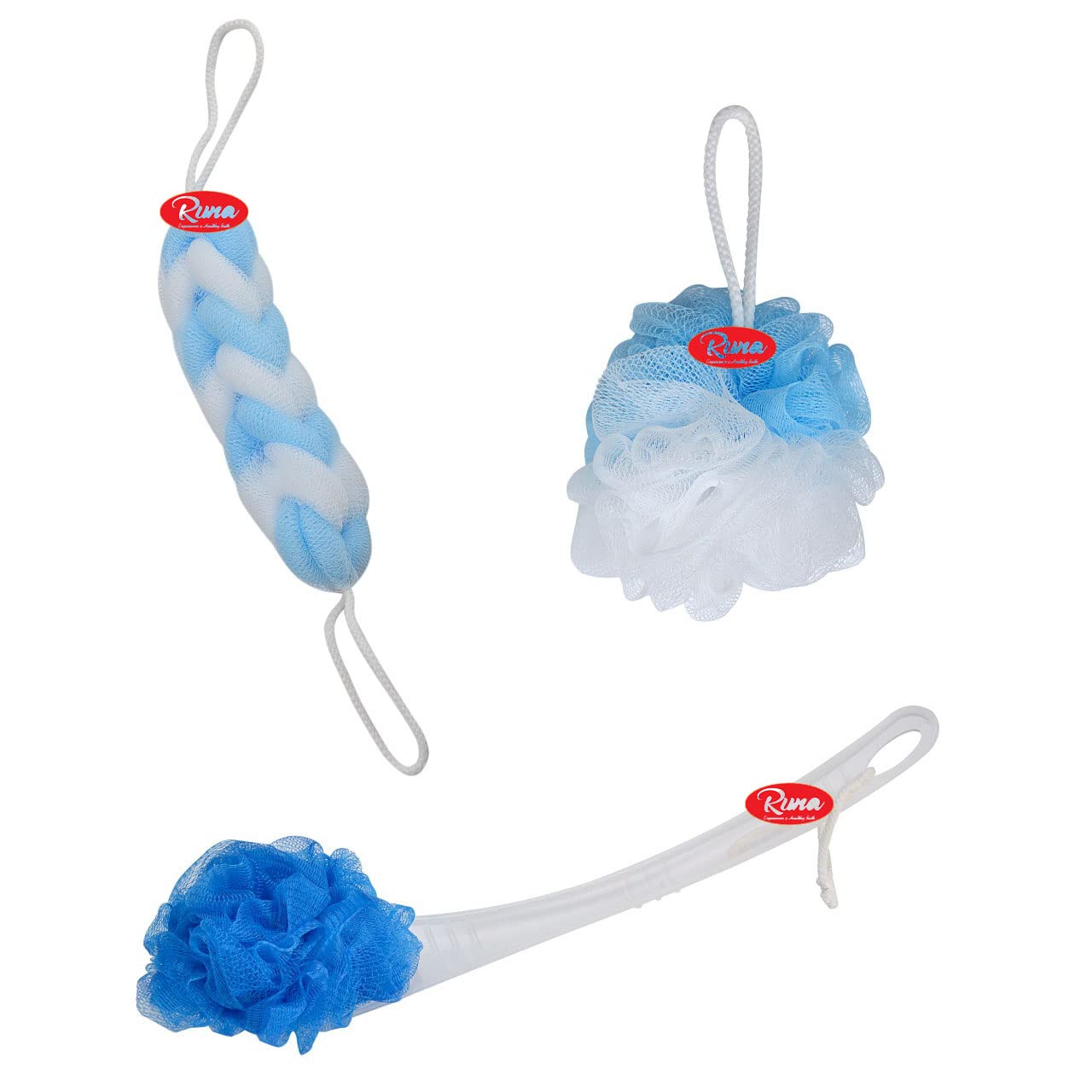 RUNA Blue Wash Loofah for Bathing Men and women|Back body Sponge Loofah|Bath Brush Scrubber with Long Handle -Bathing For Women,Girls,Men(Combo of 3) Colour (Blue)
