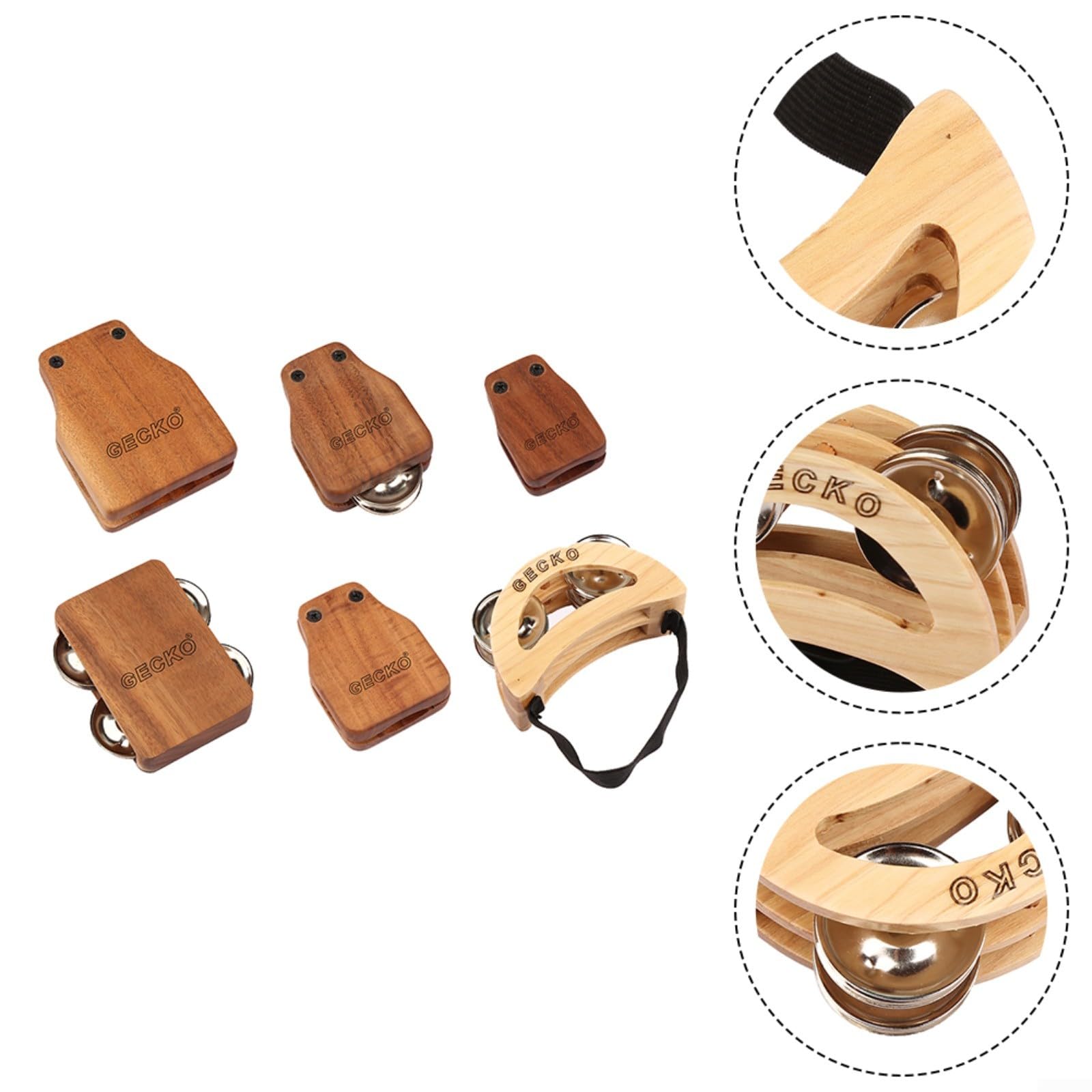 Juego de accesorios de cajón de 6 piezas para tambor de caja de geco con cascabeles de pie pandereta de percusión de madera para compañero para actuaciones en escenario, marrón (juego)
