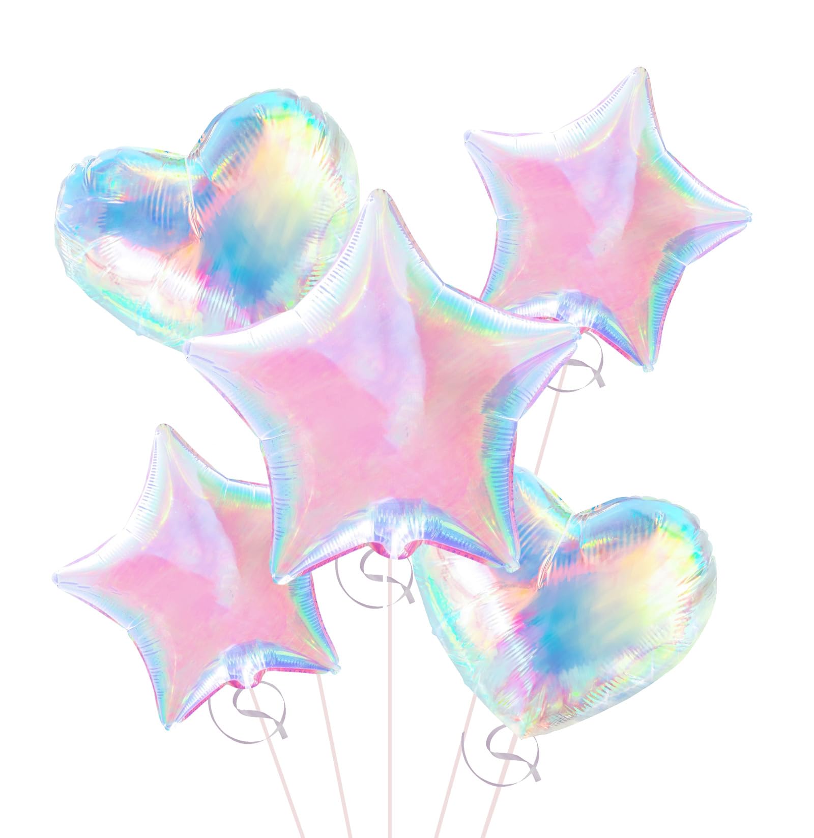 5 Pcs Iridescent Balloons Set - 32 Inch Transparent Crystal Star & Heart Foil Balloons for Under The Sea Mermaid Party/Valentine's Day Birthday