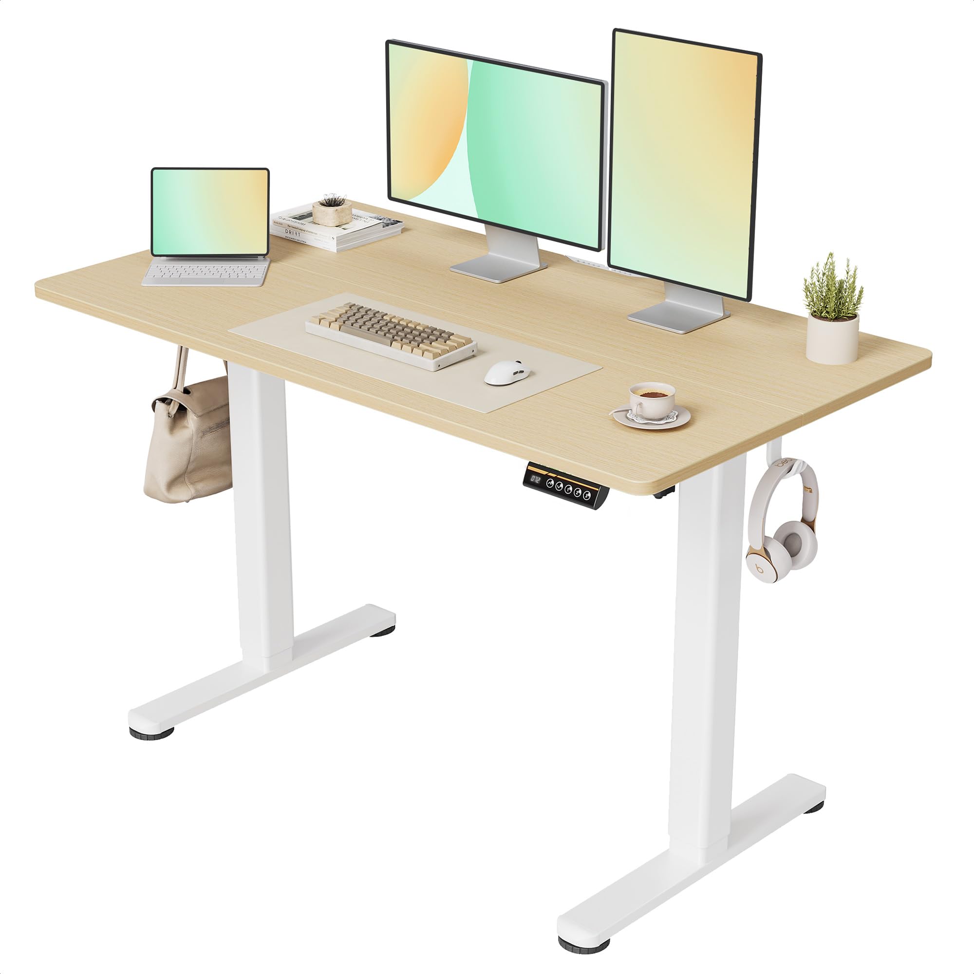Claiks Schreibtisch Höhenverstellbar Elektrisch, Höhenverstellbarer Schreibtisch 120x60 cm, Standing Height Adjustable Desk, Weiß Gestell/Beige Oberfläche