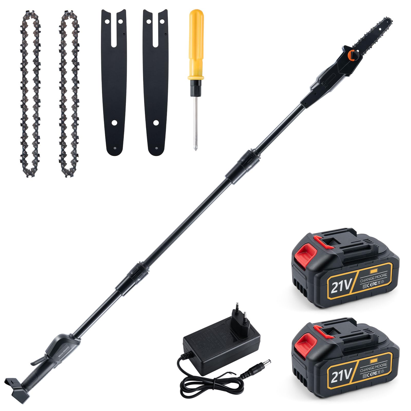 CHANGEMOORE Akku-Hochentaster 21 V, 15 cm Schwertlänge, 10 m/s Kettengeschwindigkeit, 3,6 kg, 2 Ketten, 1,68m Stange, inkl. 2 Akkus & Ladegerät