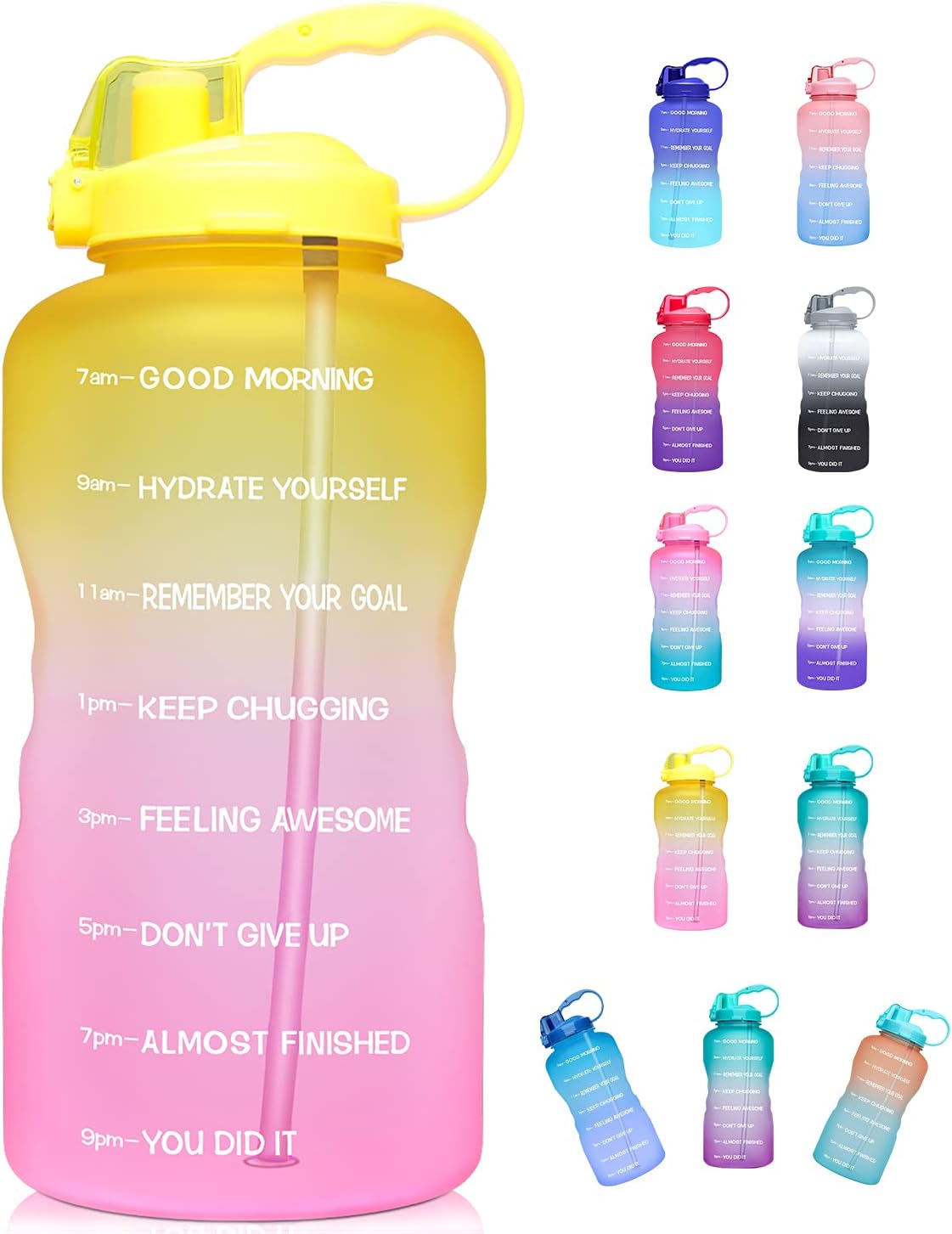 Giotto Large 1 Gallon/128oz (When Full) Motivational Water Bottle with Time Marker & Straw, Leakproof Tritan BPA Free for Fitness, Gym and Outdoor Sports-White/Gray Gradient : Sports & Outdoors