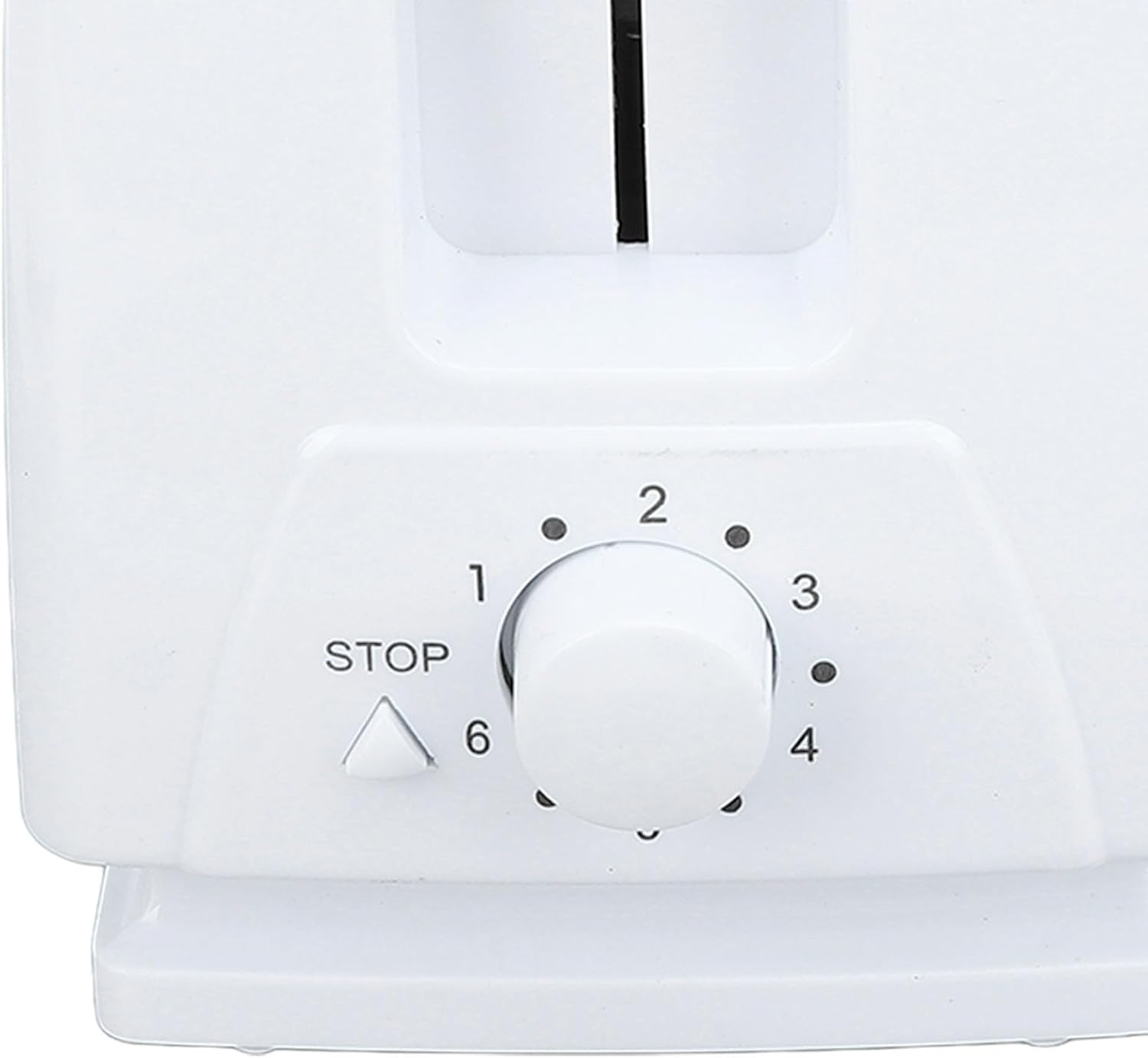 Close-up of the browning control dial and STOP button on the Yuezhongoo 2-Slice Toaster.