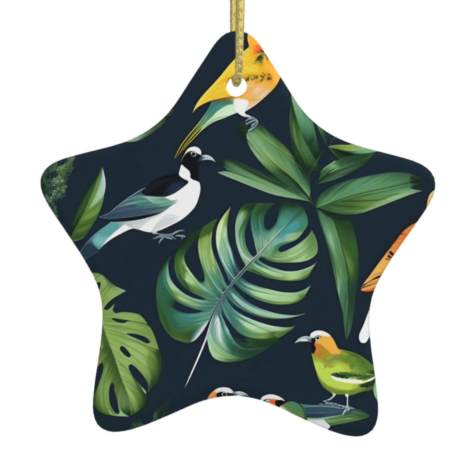 Nbtghga White Tropical Birds Plant Leaf Print Christmas Ornaments, Ceramic Hanging Ornament, Round Shape Decorations