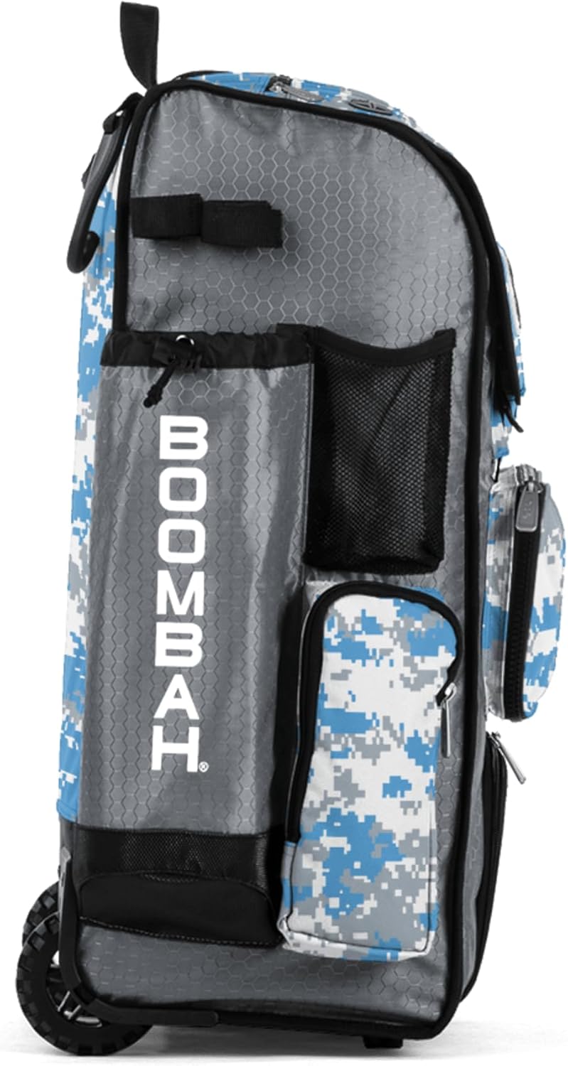 Boombah Rolling Superpack Baseball/Softball Gear Bag - BRSP2CMC23 Digital Camo Gray/Columbia Blue - Telescopic Handle - Holds 4 Bats - Wheeled Version