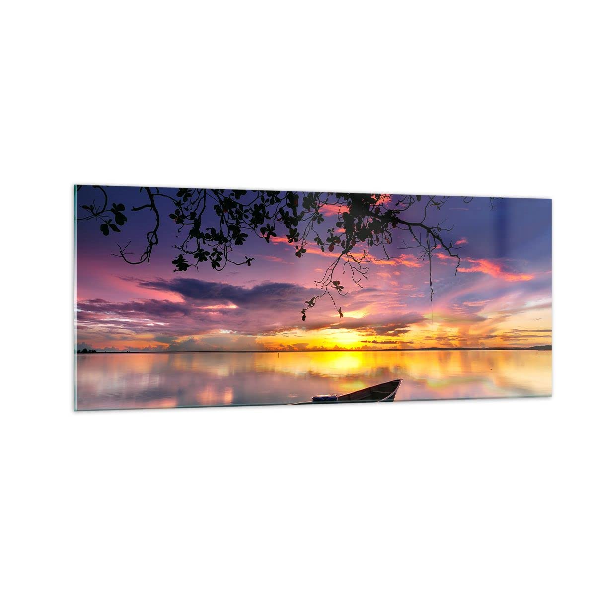 Tableau Décoratif Sur Verre 100x40cm – Impression Lac Bateau Coucher De Soleil – Déco Murale Moderne Salon Chambre - 2
