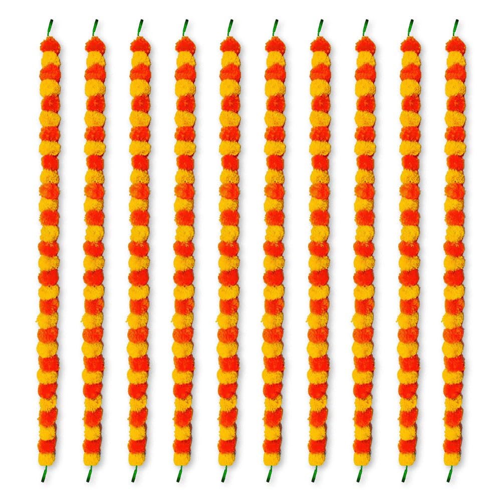 ONE Artificial Marigold Flower Garland | 5 Feet Long String | Pack of 10 Marigold Strings | Flower Garlands for Diwali Pooja Decoration, Indian Traditional Wedding & Outdoor (Pack of 10)