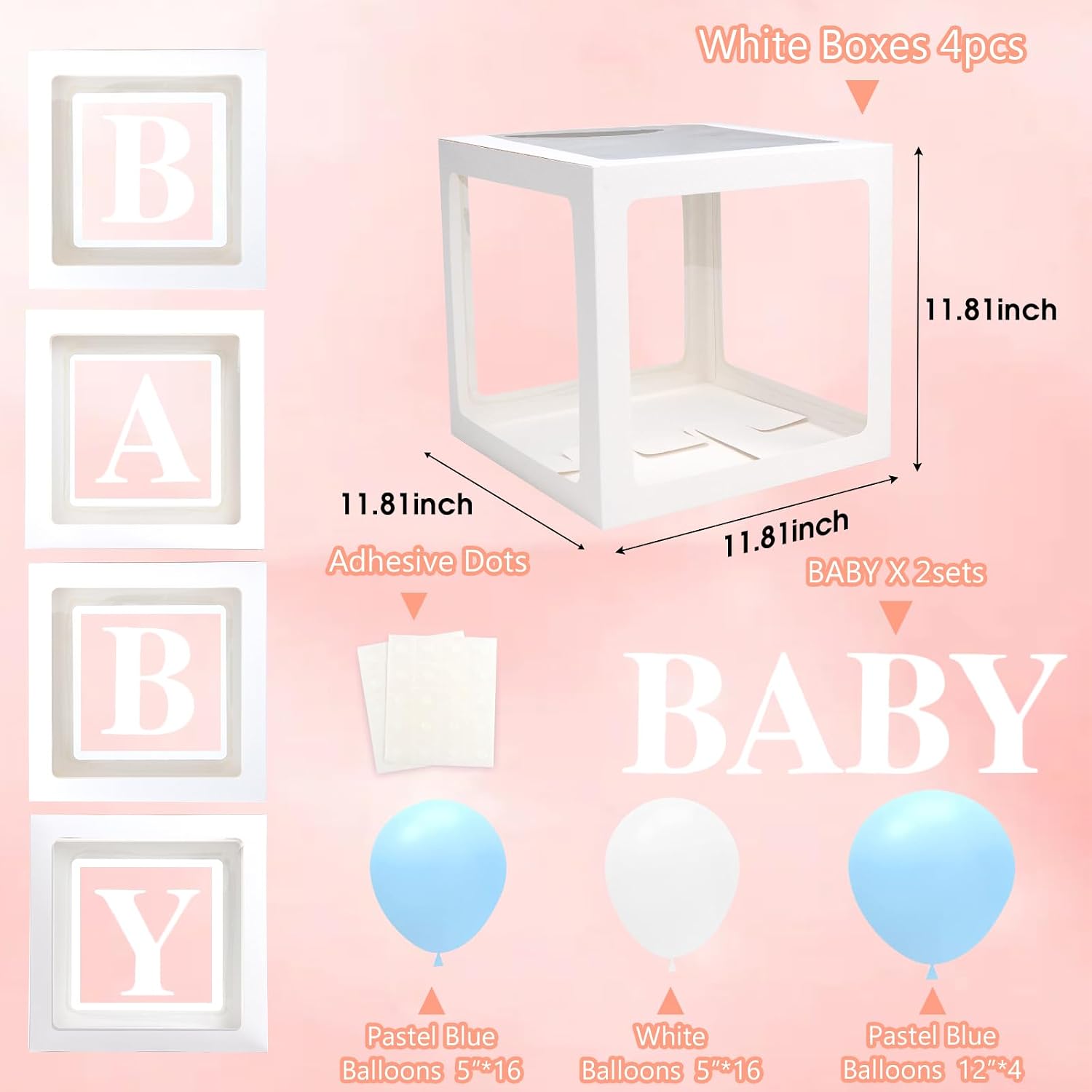 Voircoloria Baby Shower Decorations, 4pcs Transparent Balloon Boxes with Letters, Blue & White, Includes 36 Balloons & Adhesive Dots image 2