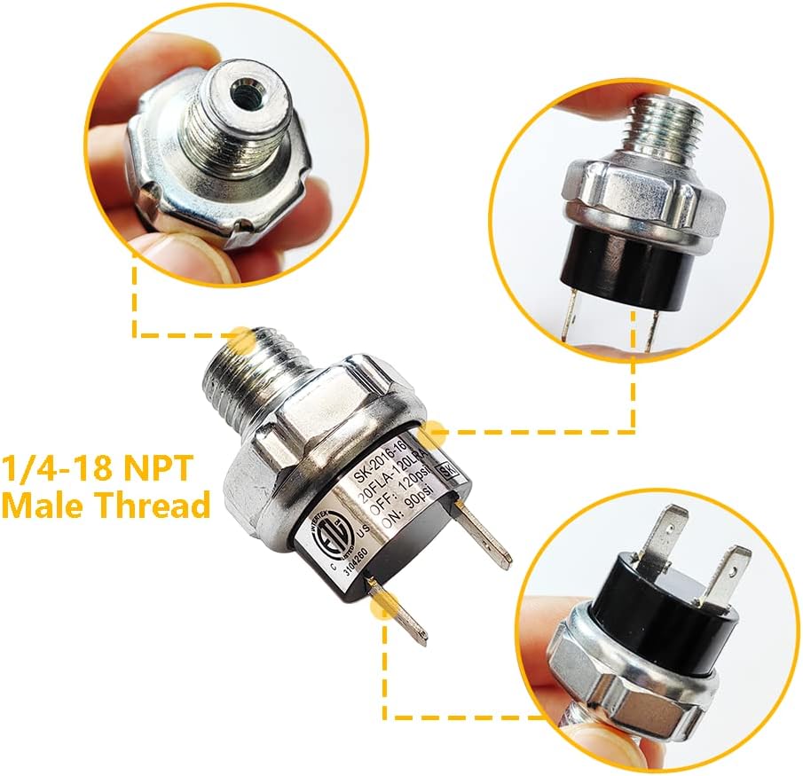 Air Pressure Switch 90-120 PSI Tank Mount Type Thread 1/4" NPT 12V 24V DC Air Compressor Pressure Switch for Air Train Horn 90-120 1/4 inch