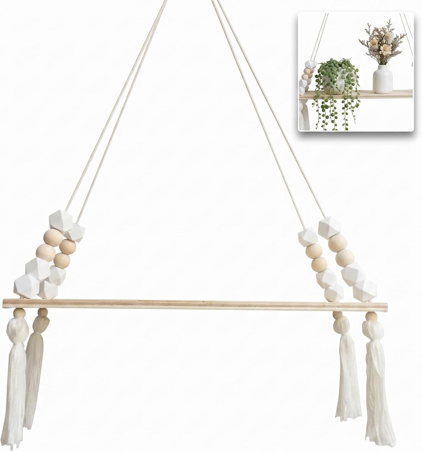 15 Inch Hanging Shelves - Floating Shelves for Wall Decor, Wood Wall Shelf with Beads and Tassels for Bedroom, Living Room, Nursery, Aesthetic Boho Wall Hanging