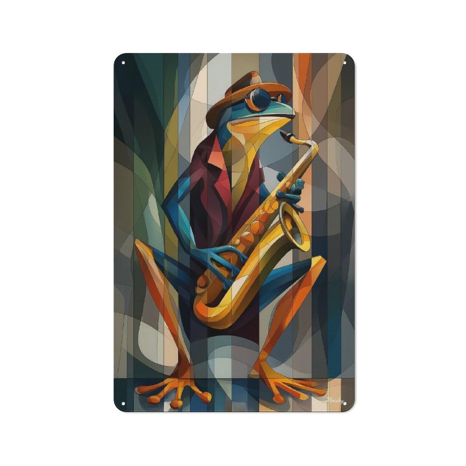 Junmoney Jazz Toad – Sax & Swagger In Cubist Color Decorative Metal Plaque 30X20cm, Garage Style Shed Wall Plaque For Workshop, Basement, Shed Or Games Room