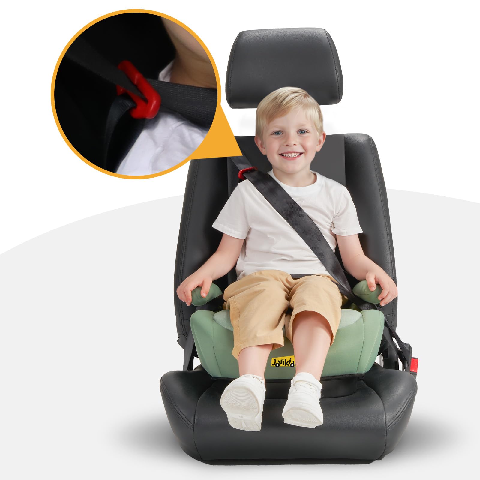 Jovikids I-Size Booster Seat for Car with ISOFIX, 125-150cm (Group 2/3, 6-12 Years), Portable Car Seats for Kids, Convenient for Everyday Use, Great for Travel, ECE R129 (Soft Green)