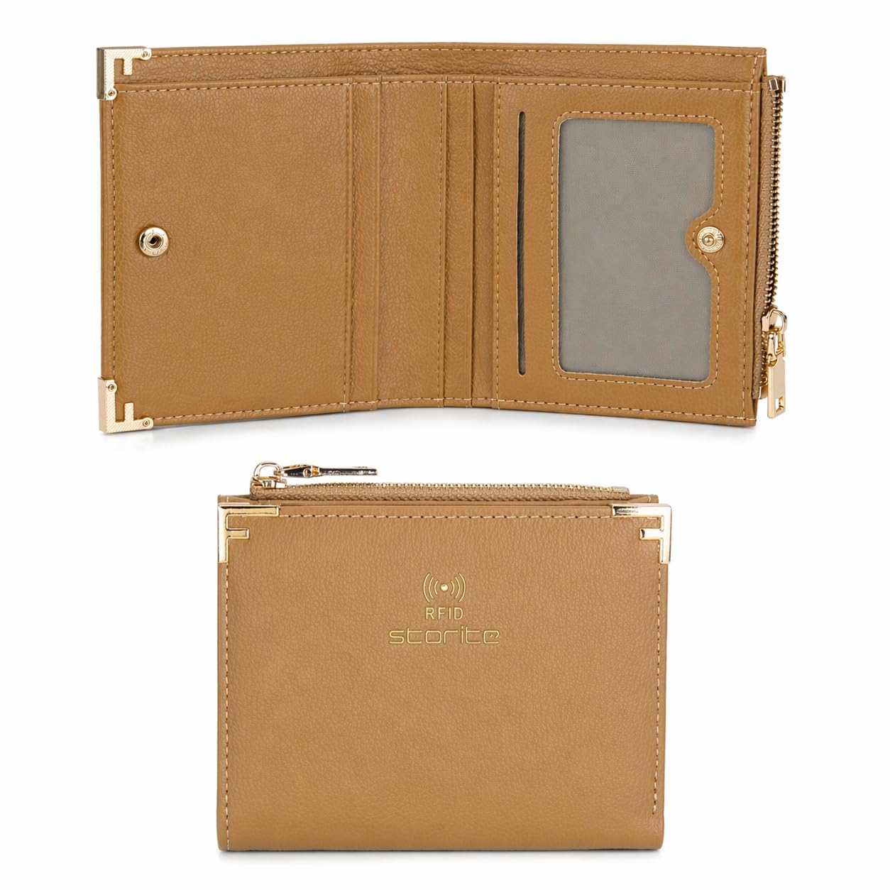 RFID Women's Bi-fold Leather Wallet 3 Credit Card Slots, 1 ID Card Slot, 1 Cash Pocket,1 Zipper Coin Slot Ladies Mini Purse Zipper with Button Closure (Brown-12 x 9 x 2cm)-image-1