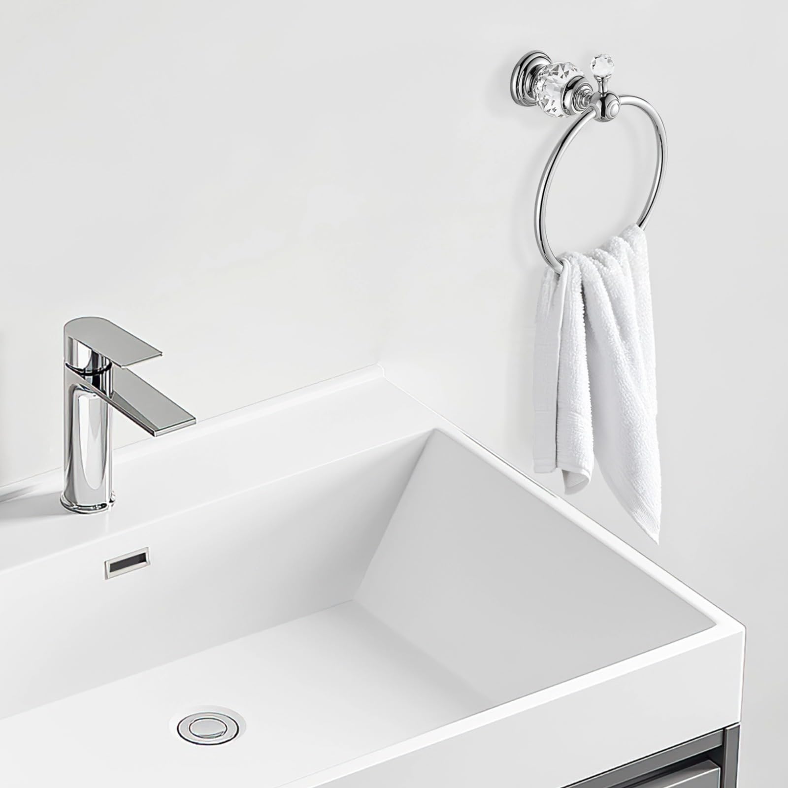 Elegante toallero de cristal cromado – Soporte para toallas de mano de diseño redondo de aleación de zinc que ahorra espacio, accesorio de baño para decoración moderna
