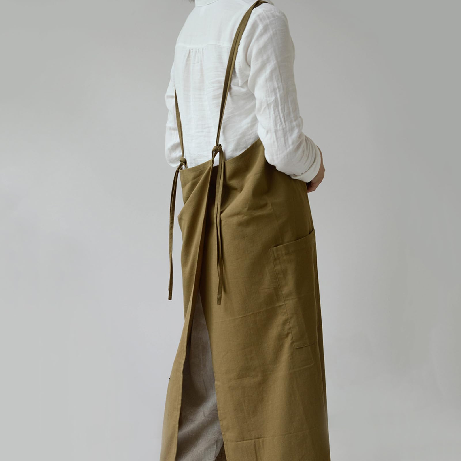 Impermeable Delantal De Algodón Pierna Dividida con Bolsillos Japón Estilo Delantales Cocina Pintura Horneando Trajes De Trabajo para Mujeres Cocinar Y Jardineria Green,One Size