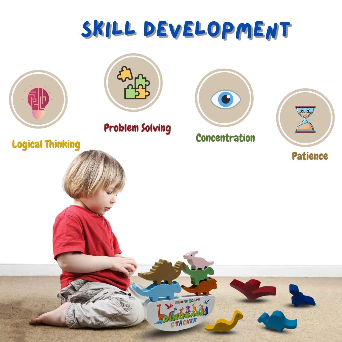 THE FUNNY MIND Dinosaur Wooden Stackers Toys for Kids, Wooden Stacking Blocks and Tower, Dinosaur Puzzles for 3, 4, 5, 6, 7, 8, 9, 10 Years Age Child, and Toddler| Stacking Toys for Kids and Adults 2