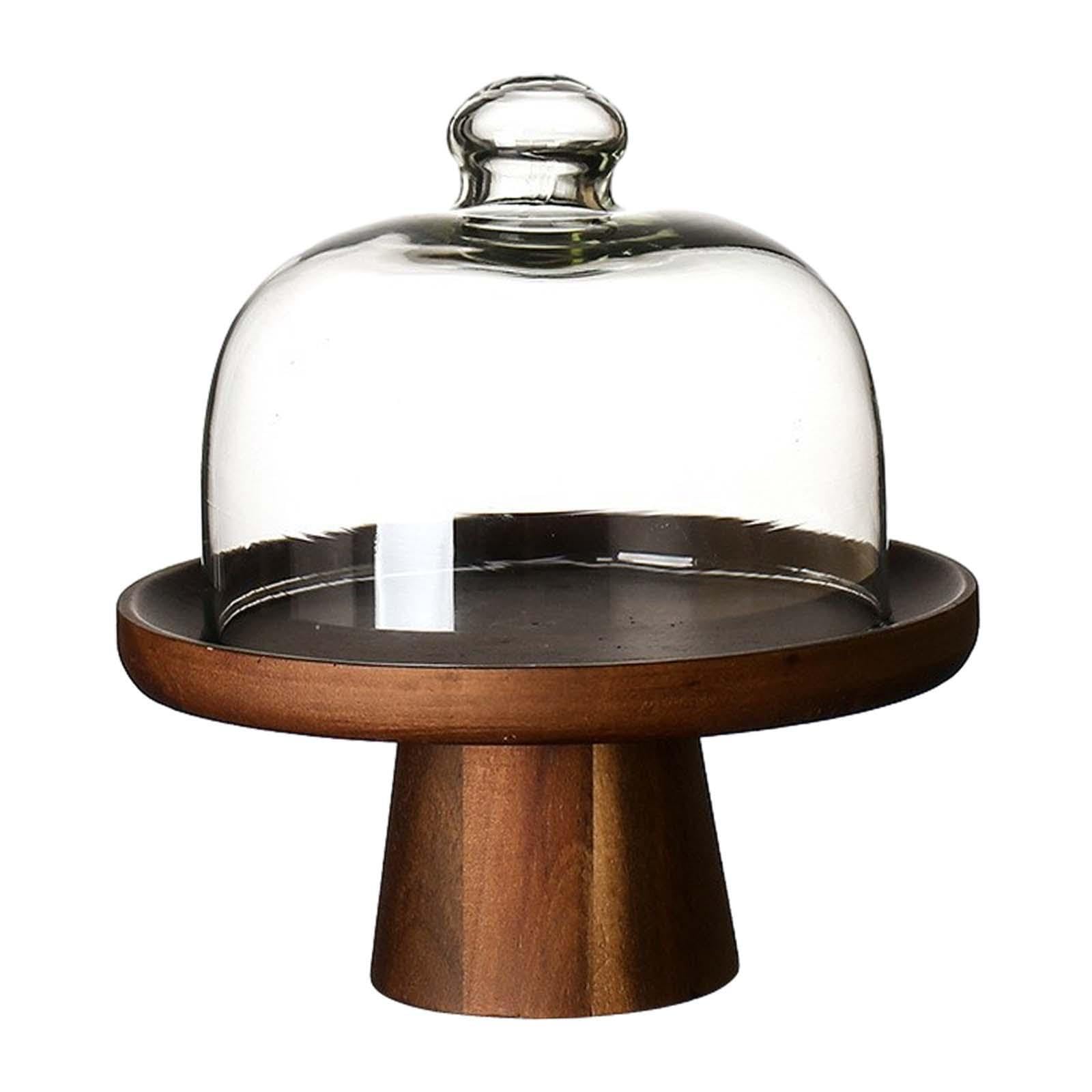 LIXSAZSE Stylish Wood Serving Tray With Clear Dome Holding Snacks Dried Fruits Appetizers And Baked Treats Wooden Cake Stand Is Beautiful And Thoughtful, Wood, Clear, for 8 inch Cake