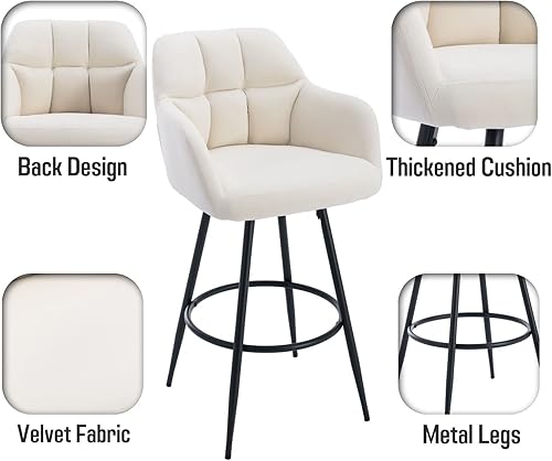 Miniatura 4 de ROCITY Juego de 2 taburetes de bar giratorios de cuero beige, sillas tapizadas, taburetes de bar ajustables con respaldo, taburetes de bar copetudos
