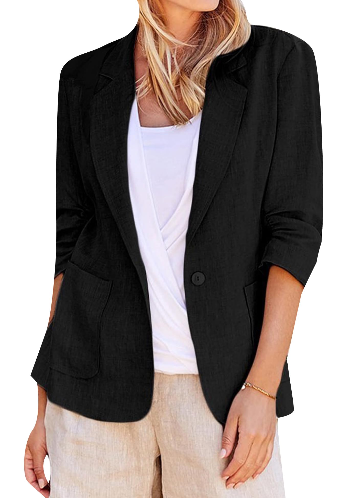 GRASWE Women Linen Single Button Blazers 3 4 Sleeve Solid Color Jacket Work Summer Cardigan