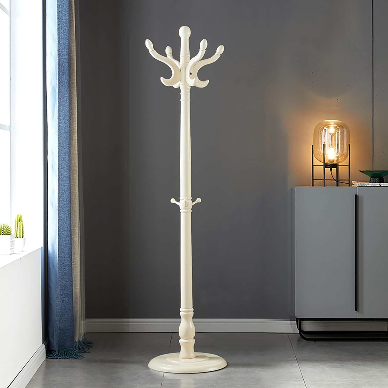 Porte-manteau autoportant en bois massif beige de 180 cm avec sa base ronde stable