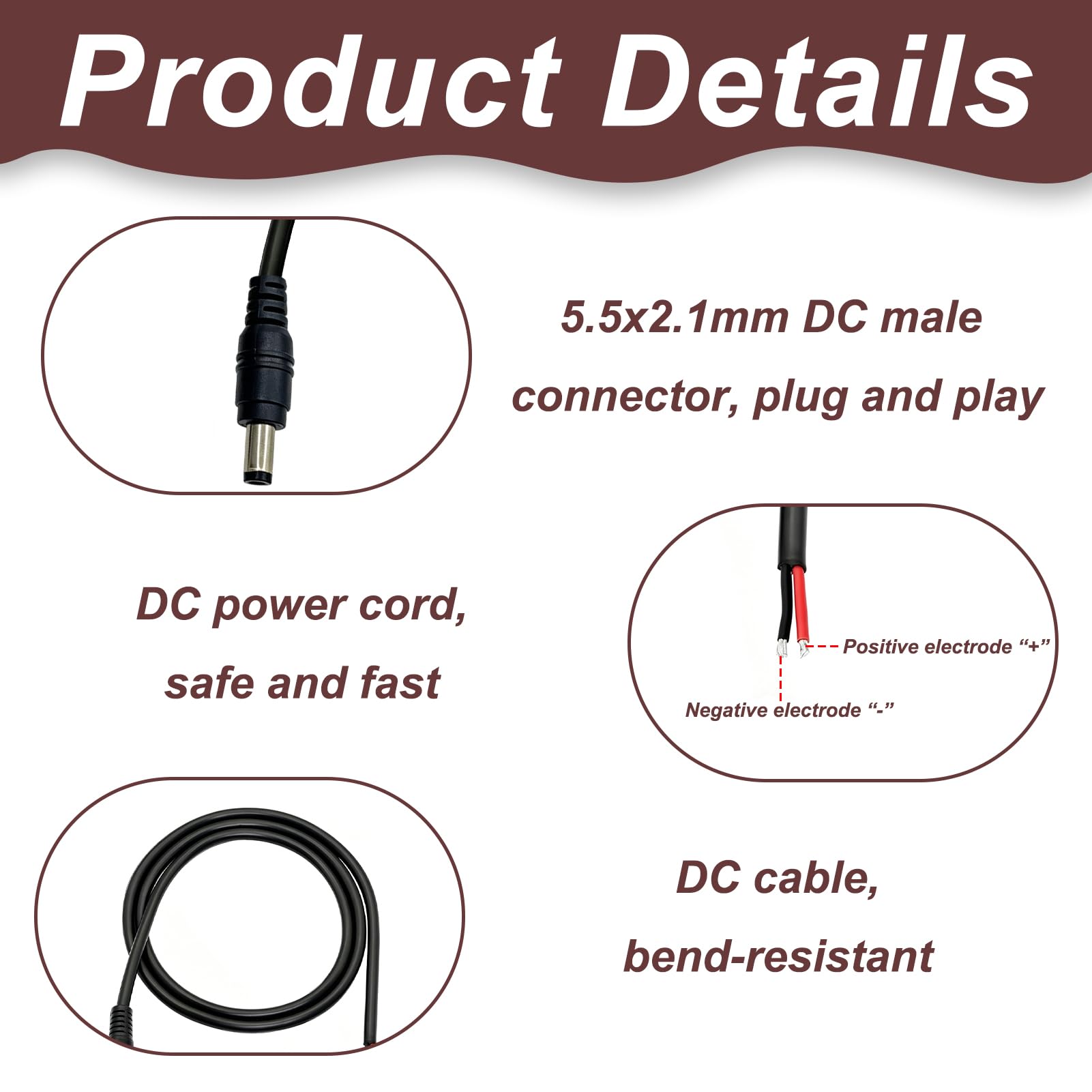 2 Stück 1 m Gleichstrom Pigtail Kabel 18 AWG, DC 5.5mm x 2.1mm Stecker auf Bare Wire für 12V 24V Niederspannung, Reparatur Verlängerungskabel für CCTV Kamera DVR LED Streifen Netzteil Anschluss