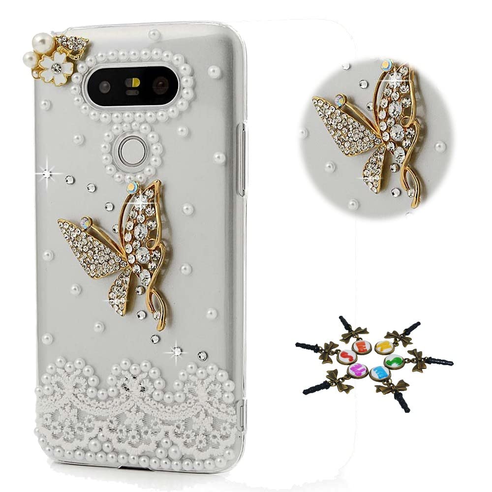 STENES Bling Phone Case Compatible with LG K52 Case - Stylish - 3D Handmade [Sparkle Series] Lace Butterfly Flowers Sparkly Diamond Rhinestone Design Cover Case - Gold