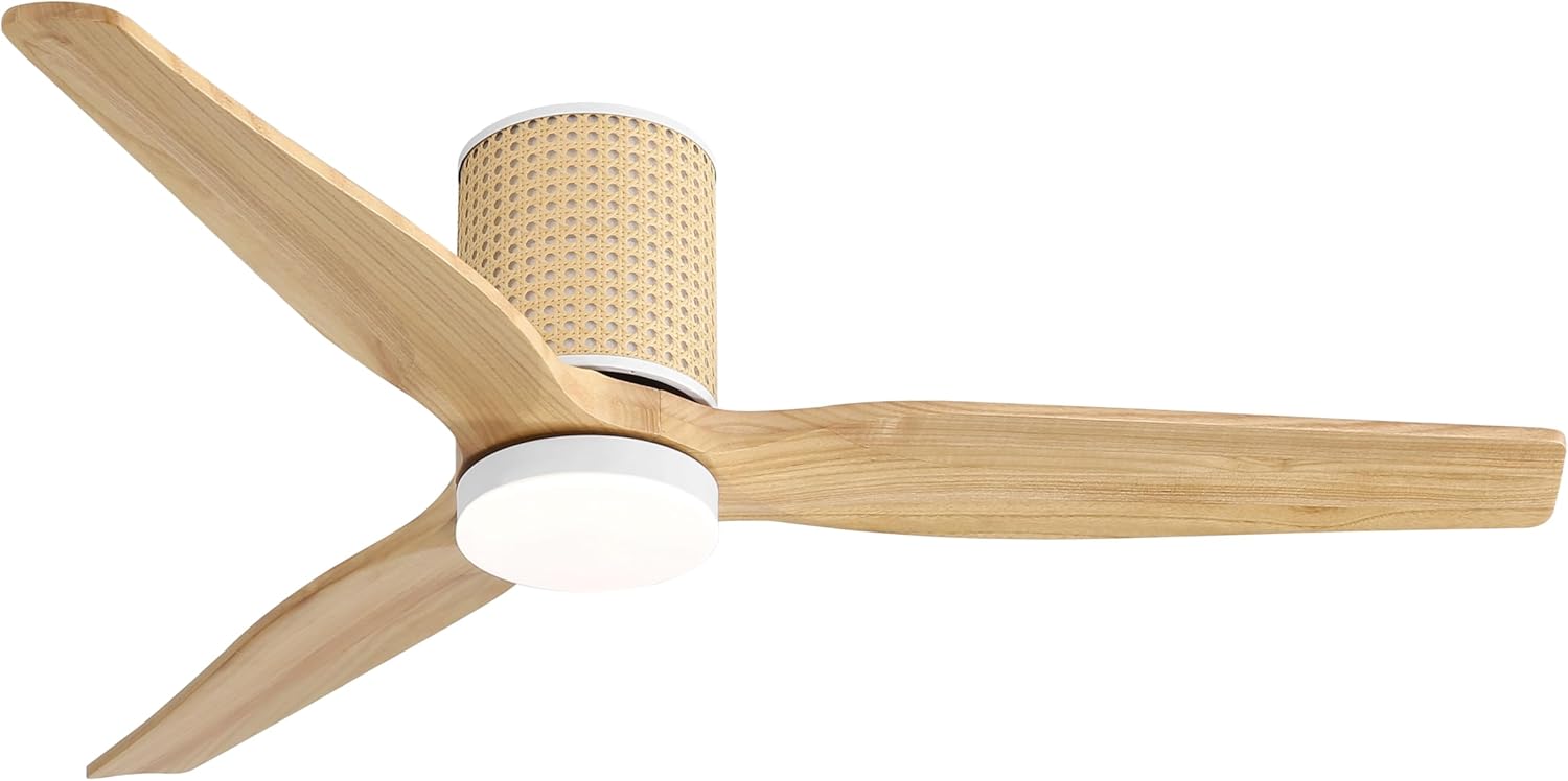 52" Ceiling Fan with Light and Remote, Low Profile Flush Mount Fan, Solid Wood Blades, Rattan Retro Style, Noiseless Reversible DC Motor, for Bedroom/Living Room/Porch (White/Wood Color)