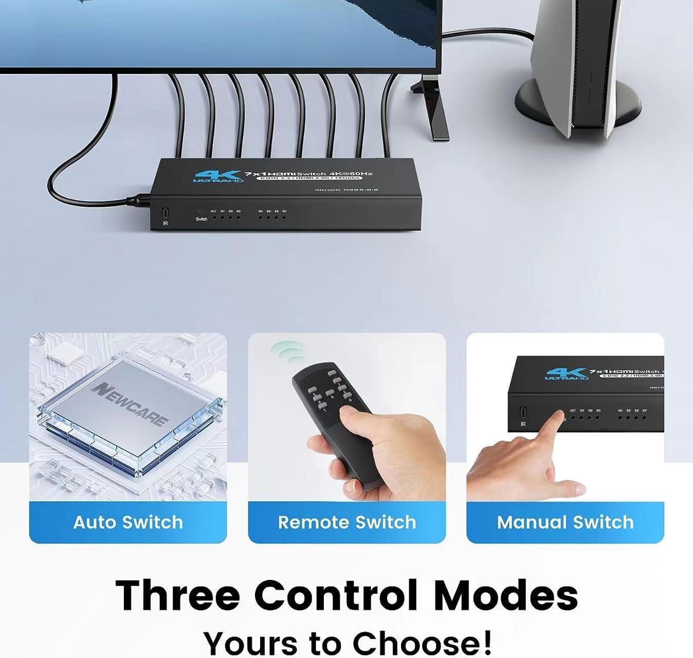 INF Przełącznik HDMI 7x1 z pilotem 4K@60Hz i IR, z kilkoma urządzeniami HDMI, w tym do Nintendo Switch, Xbox Series X, komputerami, laptopami i odtwarzaczami Blu-ray, Roku