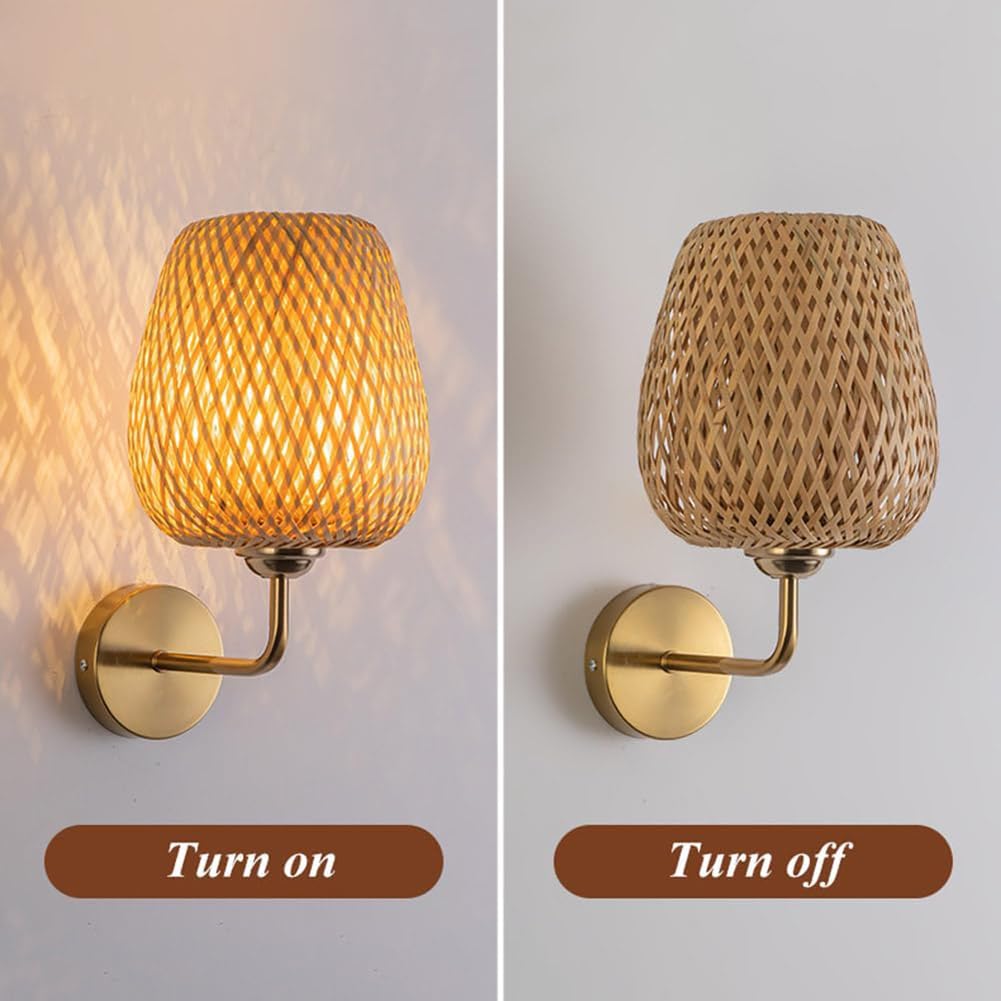 Lampa Ścienna LED Boho Wnętrze Złoto Ściemniacz Pilot Lampka Bohol Rattan Bez Podłączenia do Prądu Lampy Ściennej Retro Timer, 2 sztuki Bateria Lampa Salonowa Bambus Ręcznie Tkana USB Ładowalna