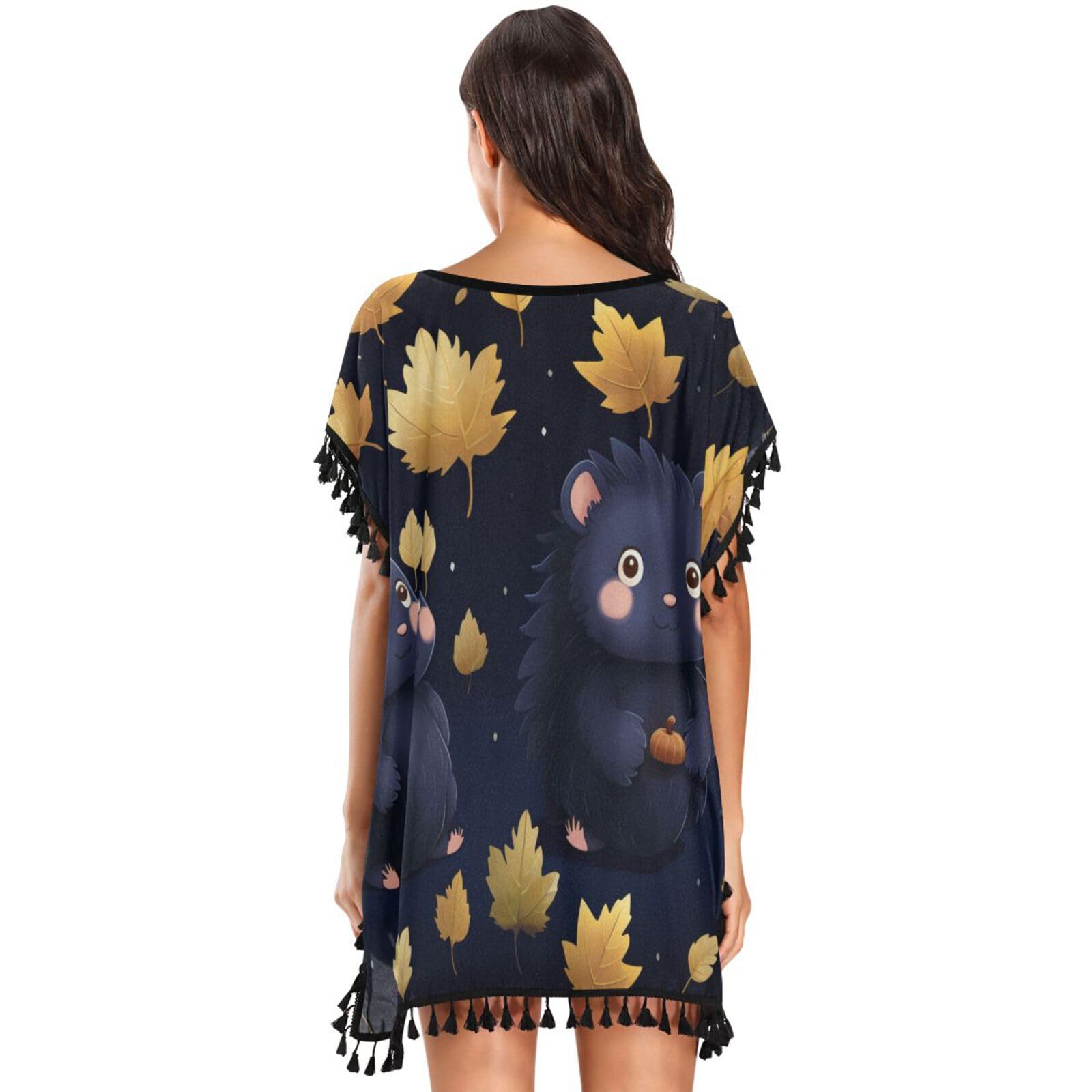 Yellow Leaves Animal Hedgehog Women's Beach Cover Up Chiffon Tassel Swimwear Swimsuit Coverups for Girl