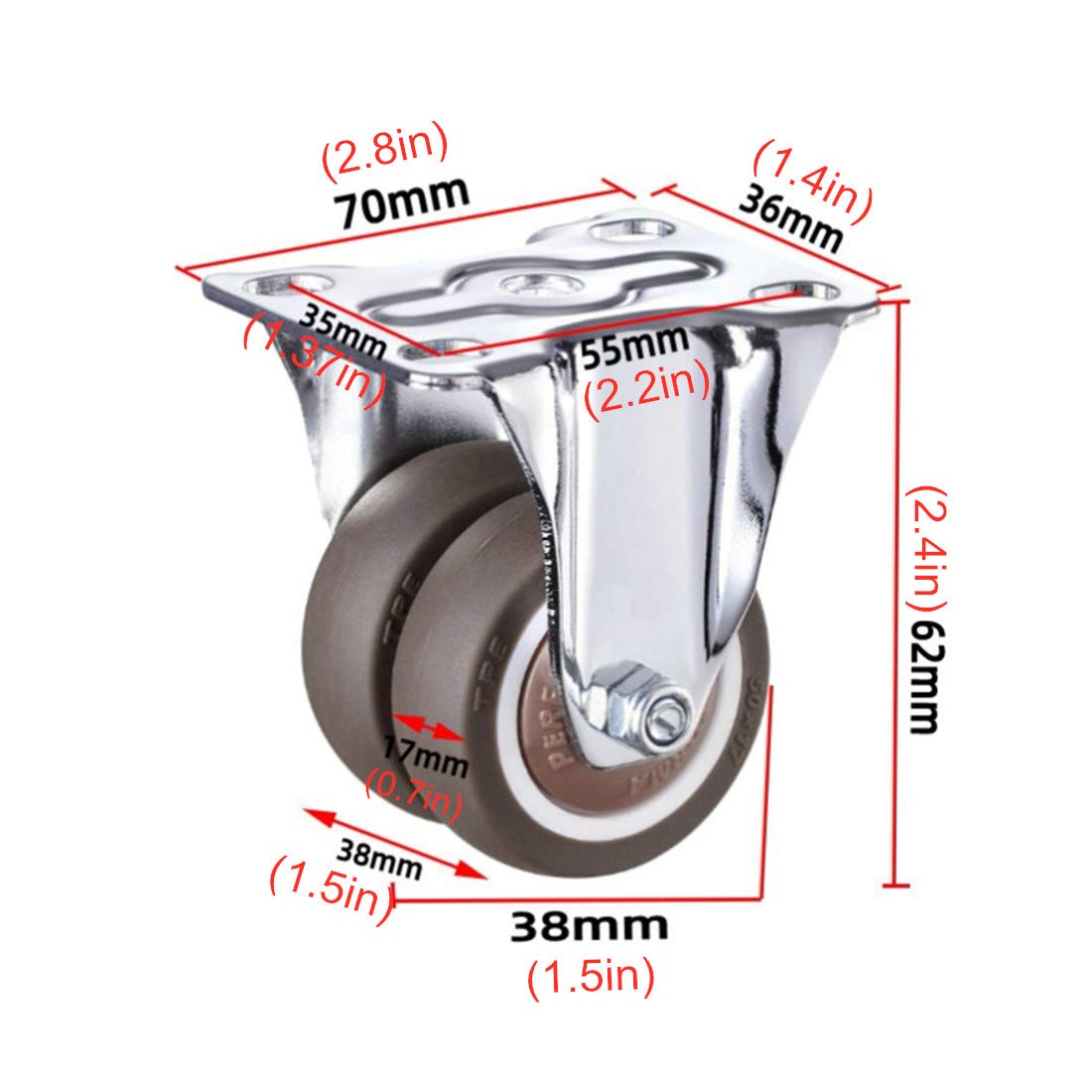 roues pour meubles, roulettes, Roulettes à plaque, roues pivotantes robustes for déplacement industriel, roulettes de transport, roues doubles en caoutchouc, avec vis, 4 pièces (frein 38 mm/1,5 po) (