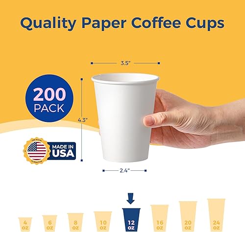 Miniatura 2 de Fit Meal Prep Paquete de 200 Vasos desechables de papel blanco de 12 onzas, para bebidas calientes y frías, para café, expreso, cortado, agua, té y