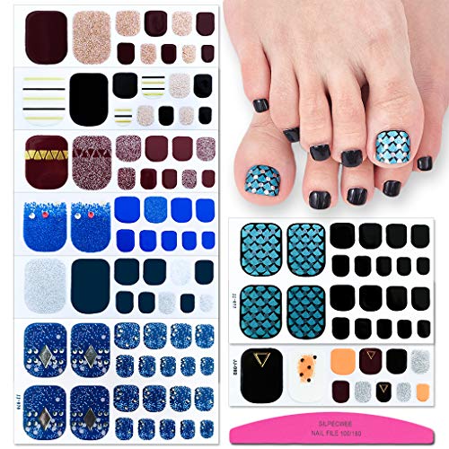 SILPECWEE 8 Sheets Glitter Toe Nail Polish Strips Nail Stickers Full Nail Wraps Nail Polish Wraps for Women Nail Strips with 1pc Nail File Adhesive Nail Art Stickers