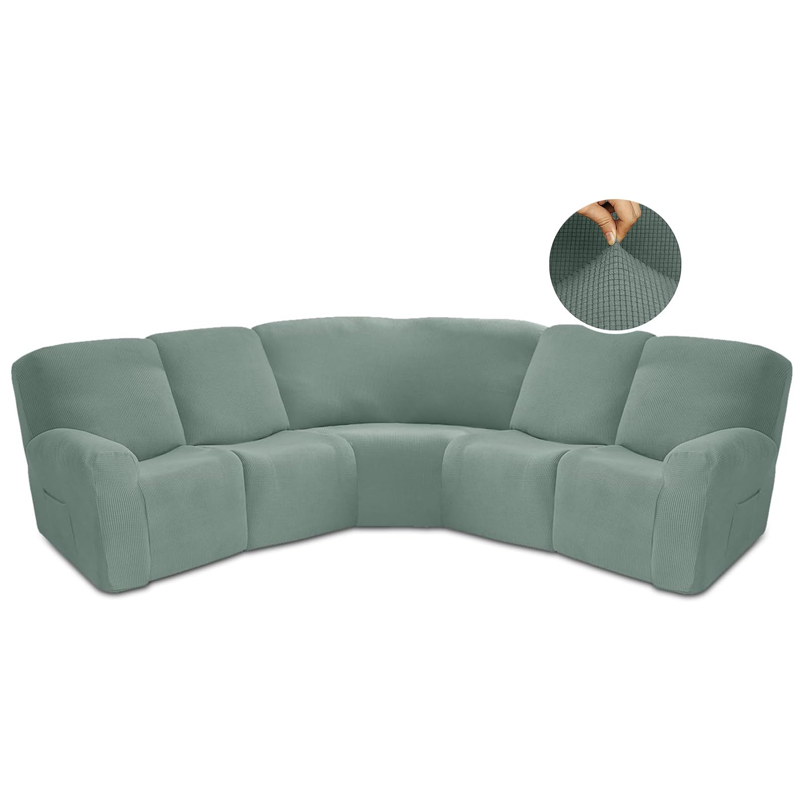 JUNLEBUYI Recliner Slipcover, L Shape Sectional Recliner Sofa Covers, 5 Seater Jacquard Stretch Reclining Couch Covers for Reclining L Shape Sofa, Thick, Soft, Washable (Green)