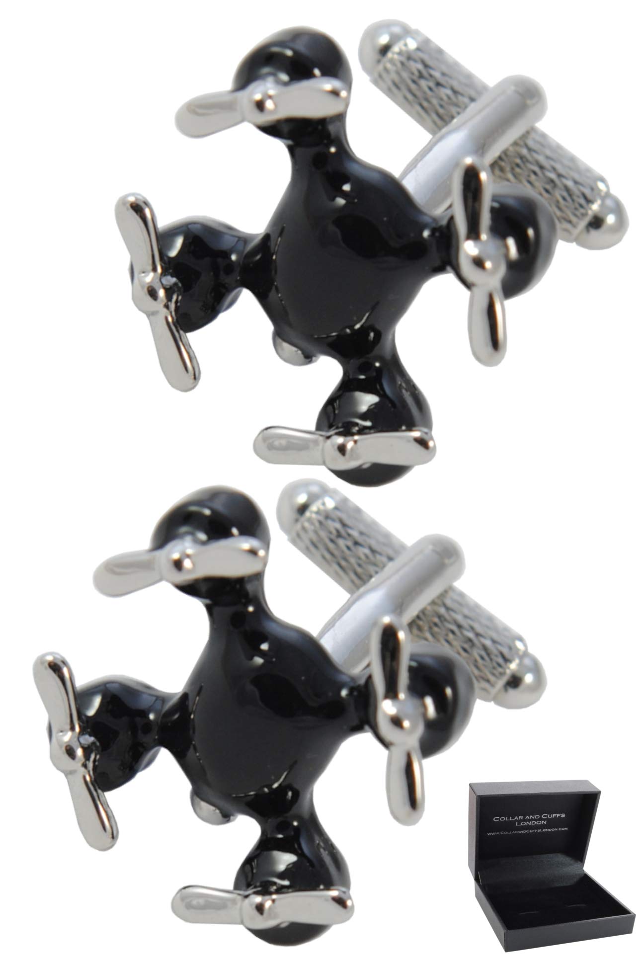 Boutons de Manchette - Avec Boîte - Pour Homme Noir - Drone | Laiton - En Volant Avion sans Pilote - Couleur Noir et Argent - Une Paire