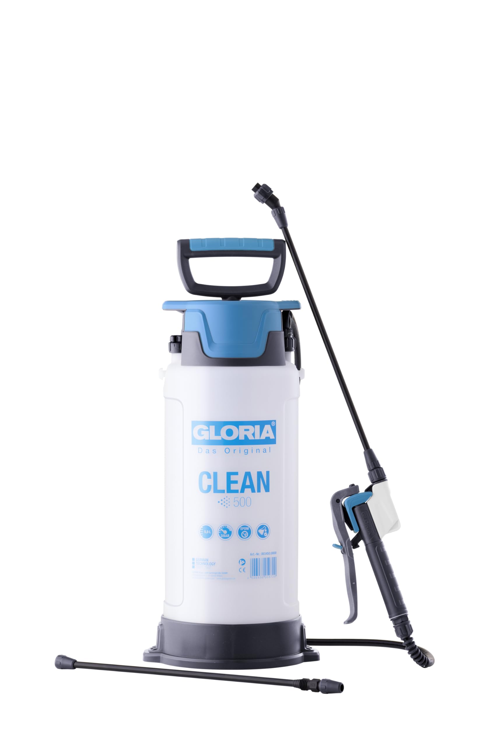 Gloria Spruzzatore a pressione CLEAN 500 | 5 l spruzzatore professionale per la pulizia | per acidi, alcali e detergenti (pH 2 – 12) | Include lancia di prolunga | guarnizioni EPDM | Spruzzatore a