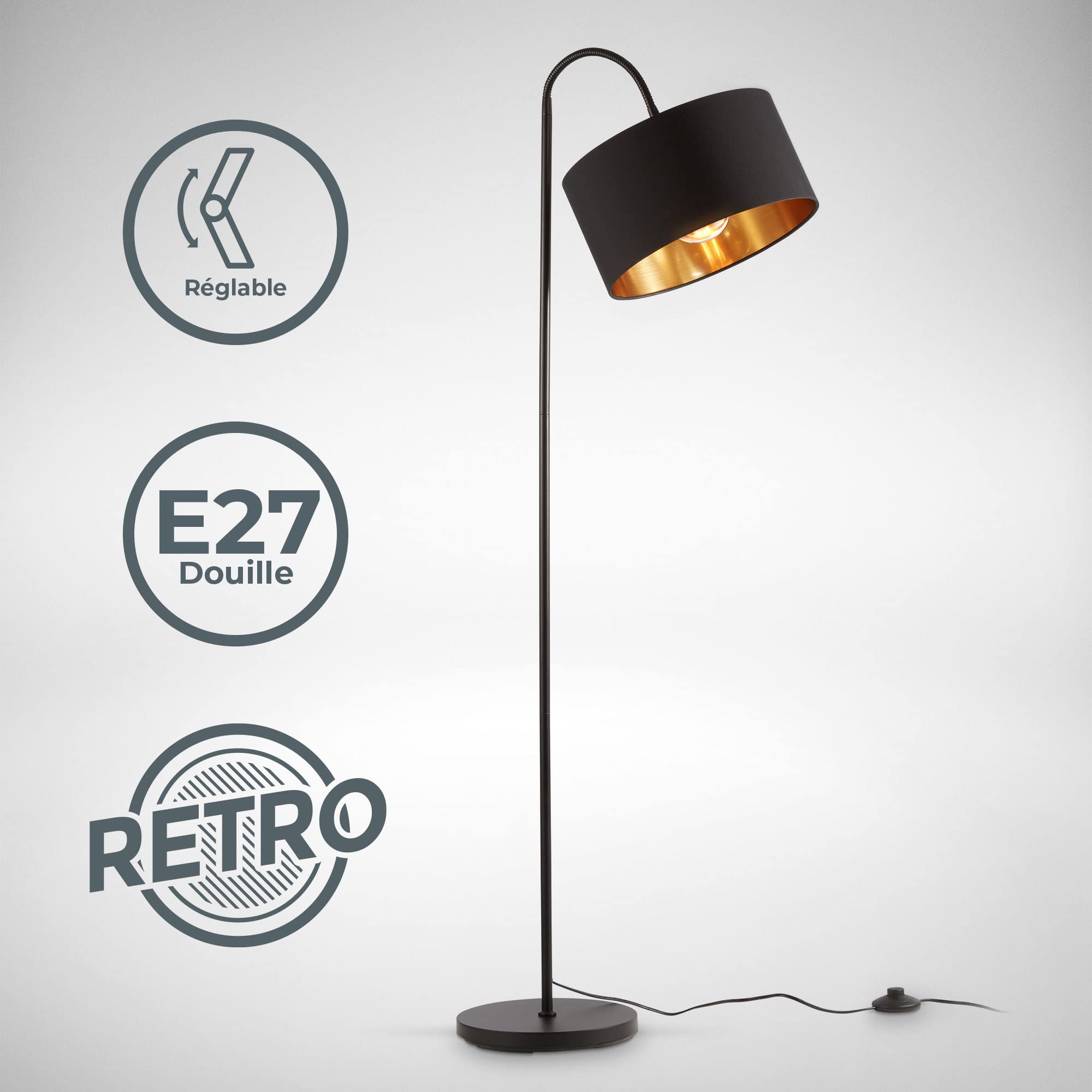 B.K.Licht lampadaire rétro pivotant I abat-jour en tissu noir et doré I pour une ampoule E27 I 30 cm I câble de 140 cm avec interrupteur à pied I livré sans ampoule