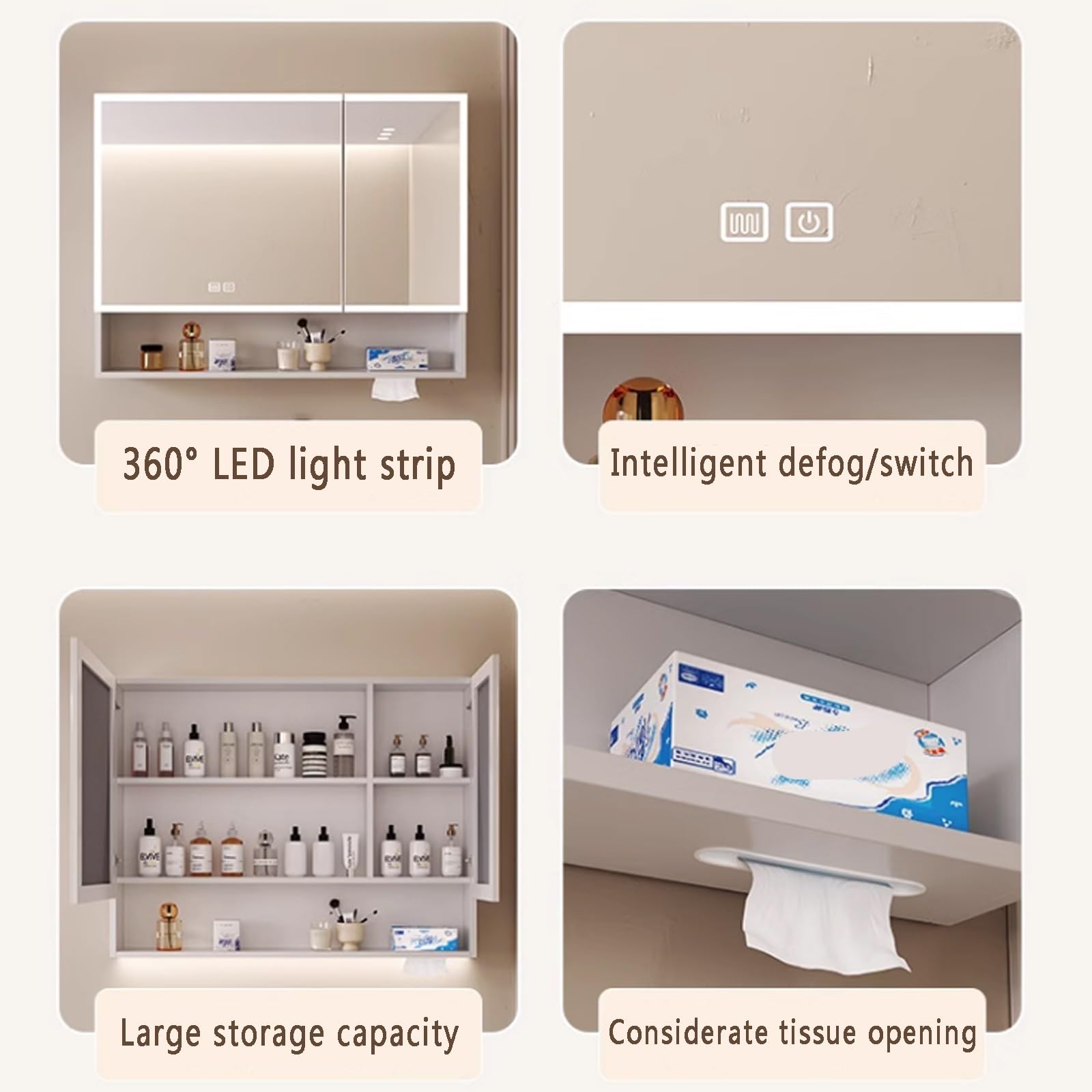 Inteligente Armarios Espejo de baño con led luz,Armario con Espejo Antivaho de Maquillaje baño,Armario de Pared Rectangular Antivaho con Estantes de Almacenaje,Interruptor Táctil,Agujero de papel(Gray