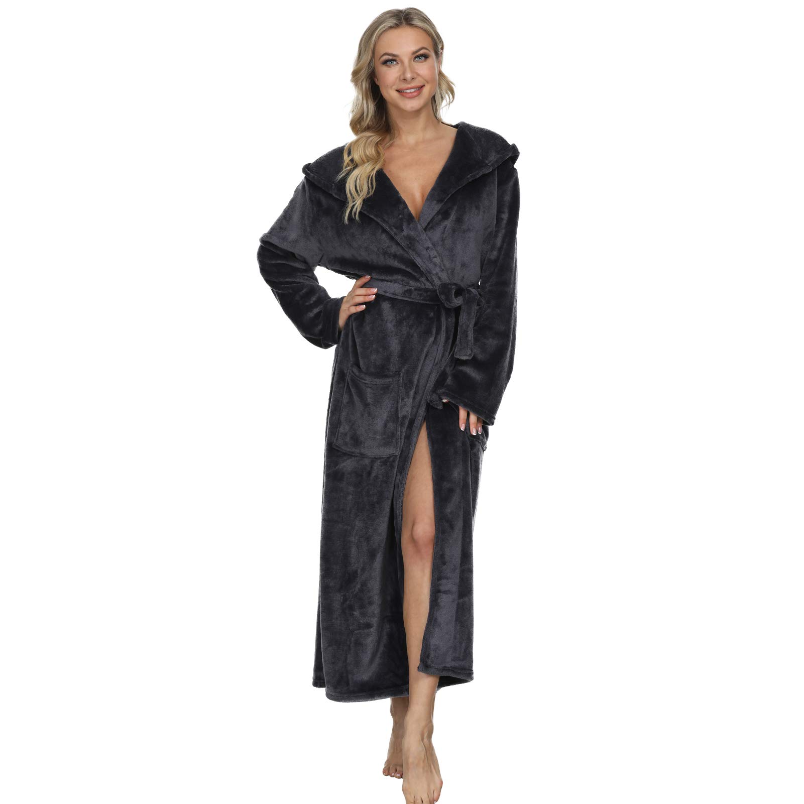Mnemo damesjurk met capuchon, zachte flanellen fleece badjas, knielengte, Donkerblauw, L