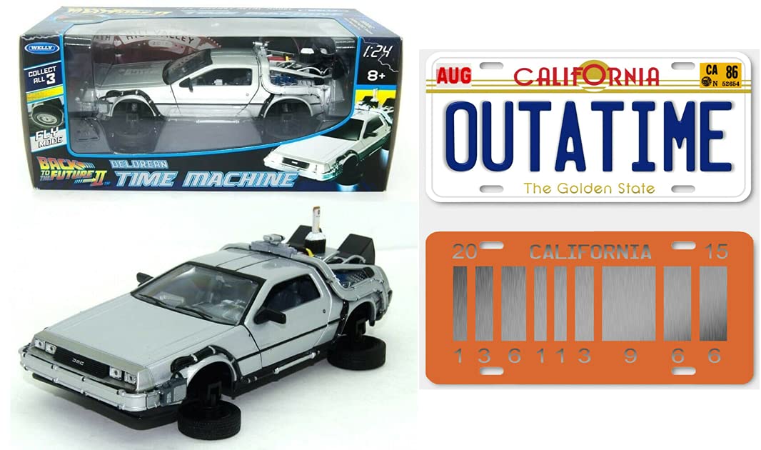 OPO 10 - Voiture 1:24 + 2 répliques à Taille réelle de Plaque d'immatriculation de la Delorean Roues Volantes du Film Retour vers Le Futur 2 (PF13)