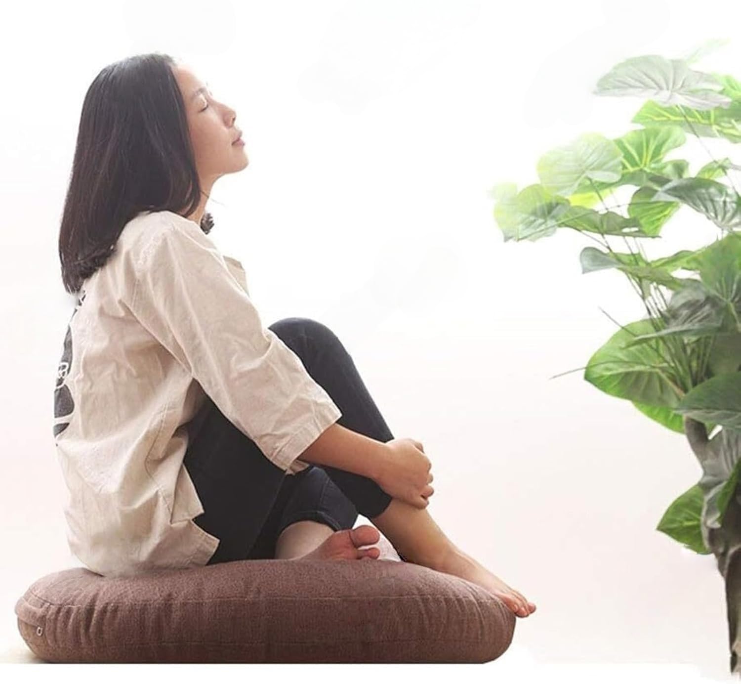 Hellviolettes rundes japanisches Kissen, abnehmbares dickes Leinen, Baumwolle, Sitzkissen, minimalistisches Yoga-Kissen für Fenster, Erkerung, Balkon, Zen-Zimmer, 45 cm